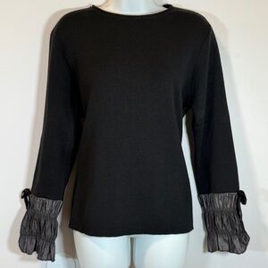 Silvia Novelli 90s Italy Merino Wool Crew Neck Sweater Black L Chic Ruffle Cuffs